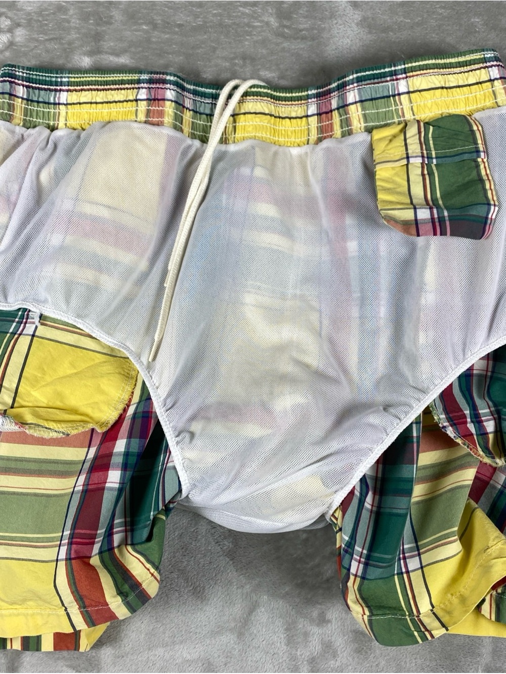 Polo by Ralph Lauren Yellow Multicolor Madras Plaid Swim Shorts Mesh Lined - Picture 8 of 11